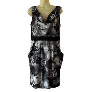 H&M Gray Floral Print Satin Dress Womans Size 10 Pockets Office Dressy Cocktail